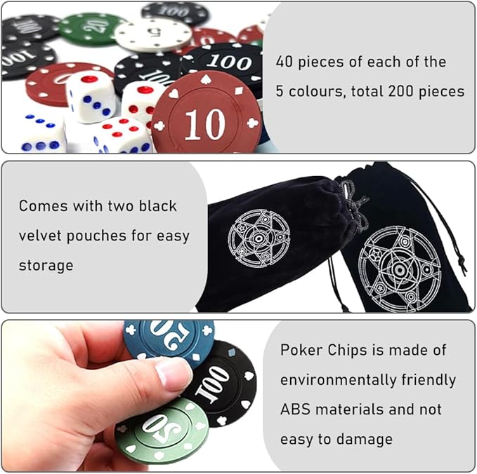 200Pcs Poker Chips, Poker Chips Set with Denominations for Card Board Game, Plastic Game Chips with Black Velvet Pouch Bag, Math Counting Chips,Game Night Party Supplies