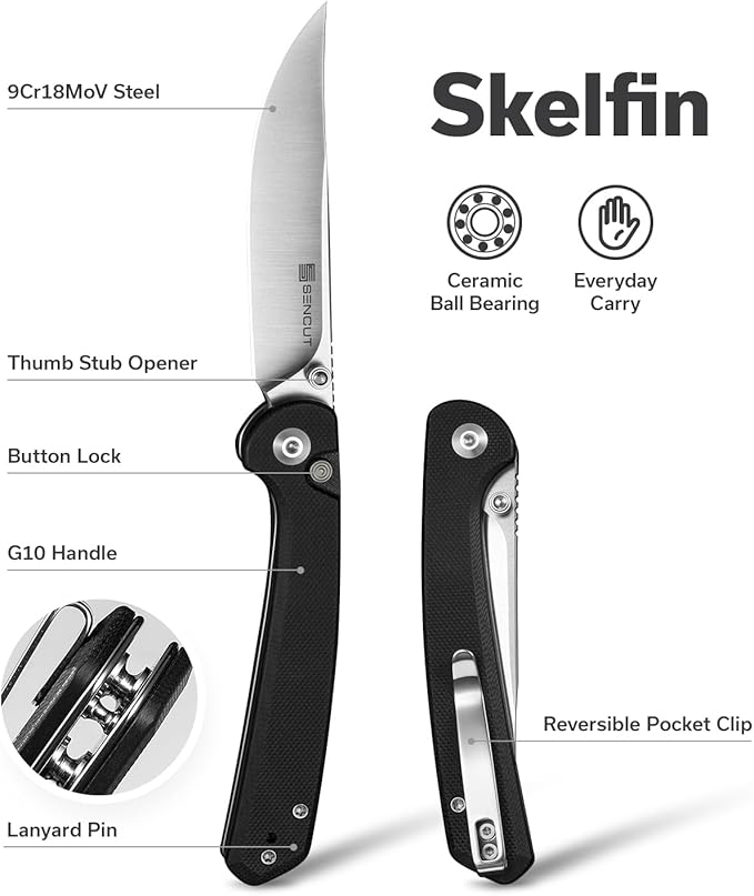 SENCUT Skelfin Pocket Knife for EDC, Folding Knife with 3.3'' Blade & G10 Handle, for Camping Hiking S25007-2 (Black)