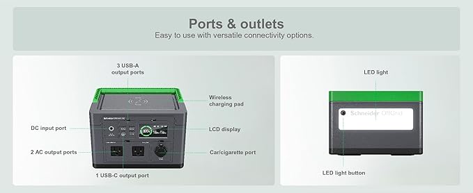 Schneider OffGrid Portable Power Station 300W, PPS330, Lightweight 332Wh Solar Generator: 2 AC Outlets, 60W USB-C PD Output, Wireless Charging, LED Light, for Camping, RV, Home Backup