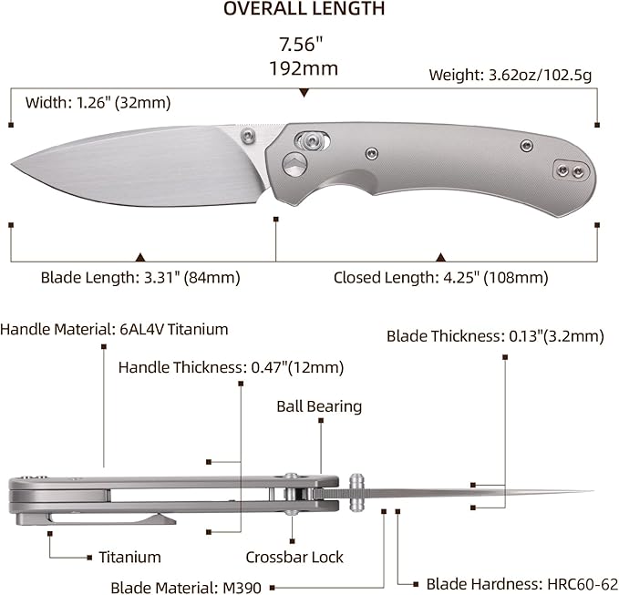 Folding Pocket Knife,3.31” M390 Blade,Erogonomic Titanium Handle,Hunting Survival Knife,EDC Knife for Hunting Camping Survival Outdoor Fishing Hiking（Grey）