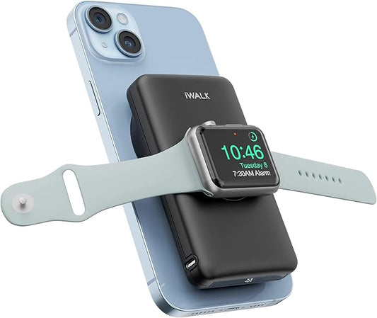 iWALK Magnetic Wireless Power Bank with iWatch Charger,10000mAh PD Fast Charging Portable Charger Compact Battery Pack Compatible with iPhone 17/16/15/14/13/12 Series,Apple Watch Ultra/8/7/6/5/4