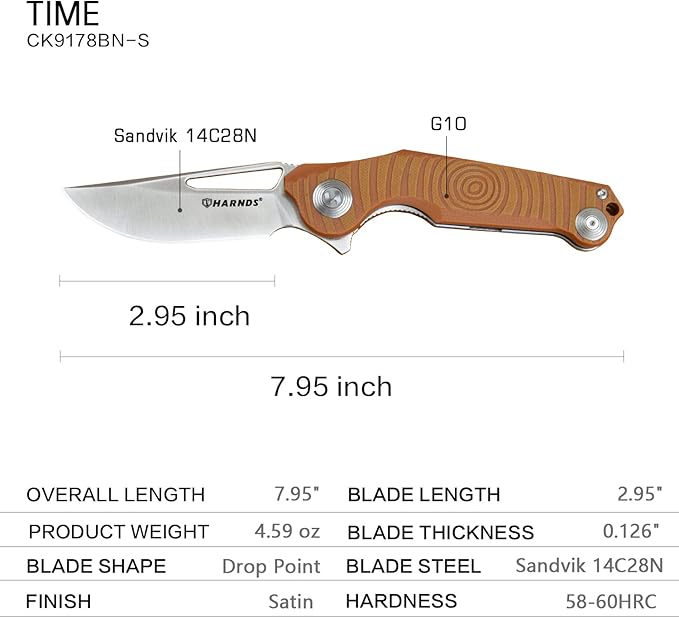 Harnds Time Folding Knife with Sandvik 14C28N Steel Blade Pocket Knife with G10 Handle Camping Knife with Pocket Clip (Brown)