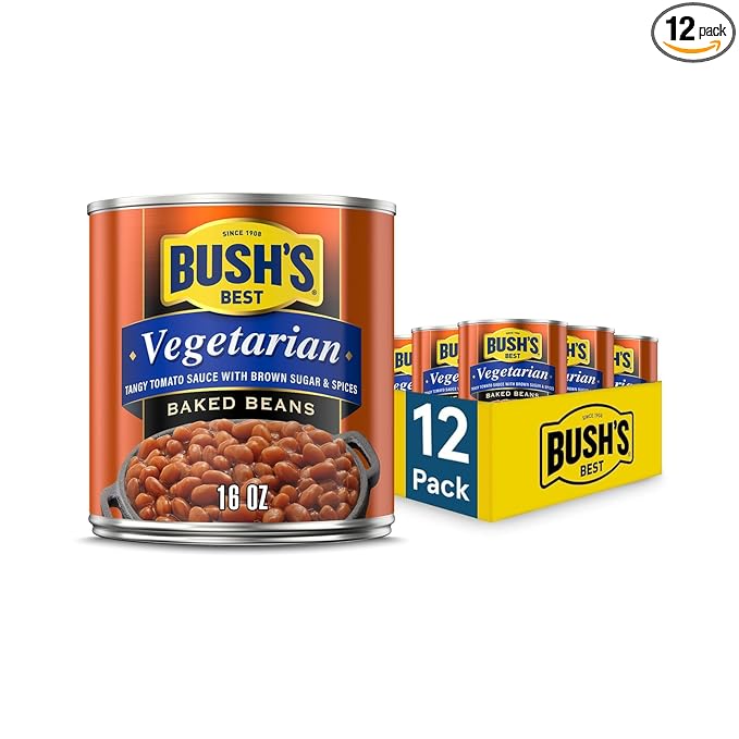 BUSH'S BEST 16 oz Canned Vegetarian Baked Beans, Source of Plant Based Protein and Fiber, Low Fat, Gluten Free, (Pack of 12)