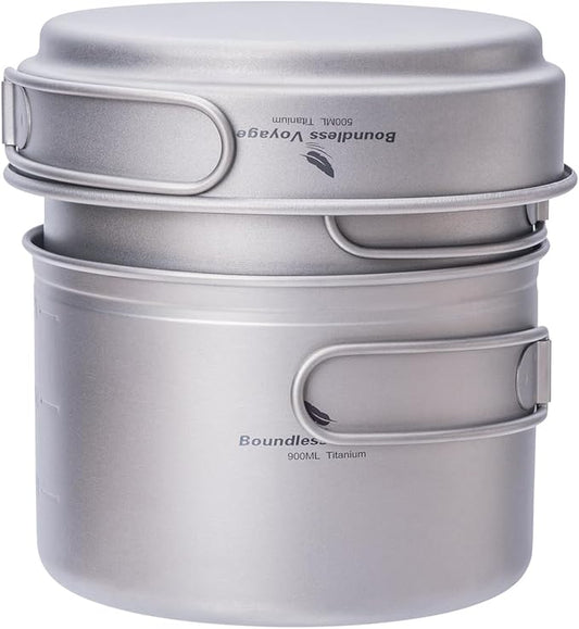 iBasingo Titanium Pot Pan Set with Folding Handle - Ultralight Portable Outdoor Cookware Mess Kit for Camping, Picnic, Travel & Backpacking (1080ml Soup Pot, 900ml Cup, 500ml Frying Pan)