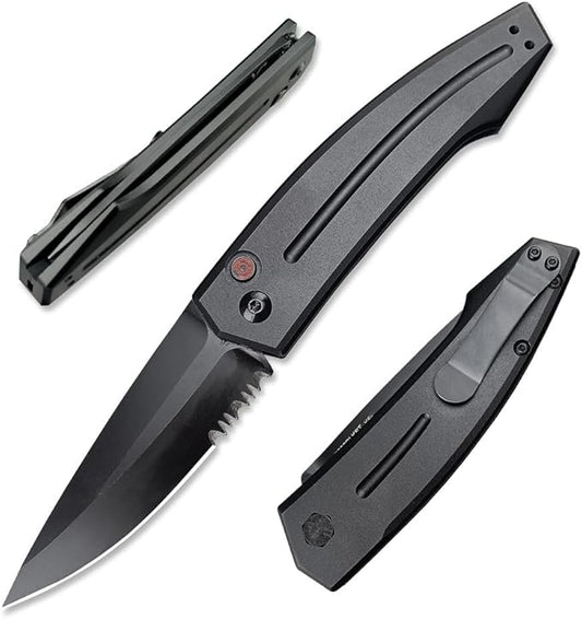 3.31'' D2 Steel Blade Aluminum Handles Speed Safe Botton Fast Opening Folding Knife with Pocket Clip, Camping EDC Tools, Survival Knives, Christmas Gift for Men and Women (Black Serrated Blade)