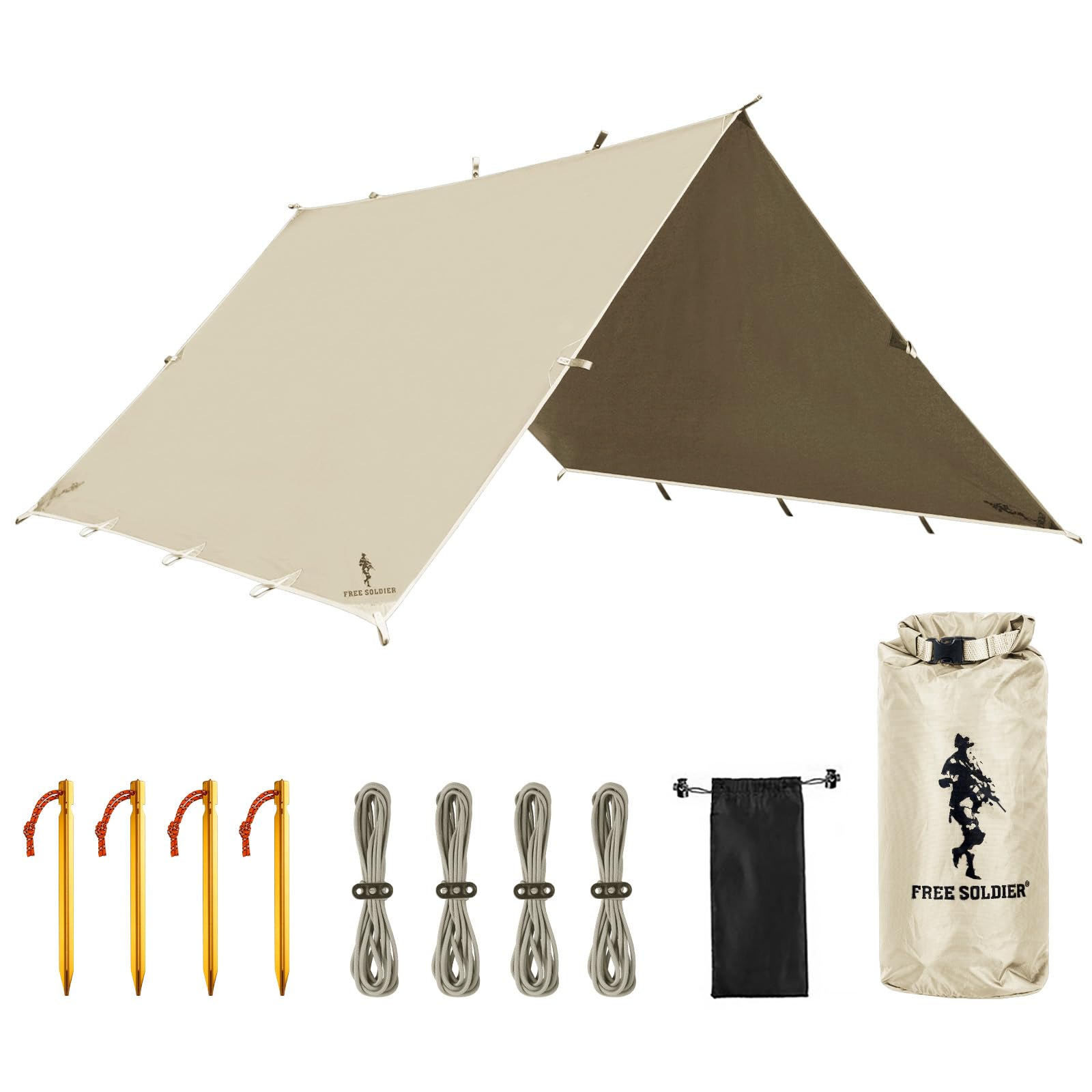 FREE SOLDIER Waterproof Camping Tarp Shelter Awning(Beige 10×10.5ft)