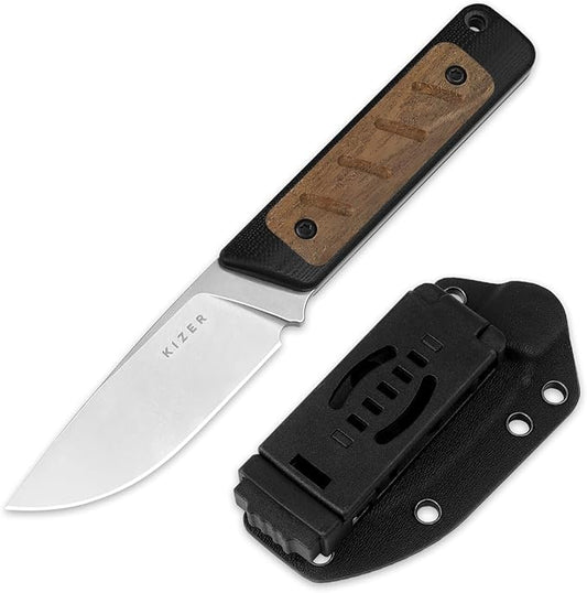 Kizer Smolt Fixed Blade Knife, 2.93" AEB-L Fixed Blade with Black & Brown G10 Mkuruti Wood Handle, Drop Point EDC Knives with Sheath for Camping Hiking 1063M1