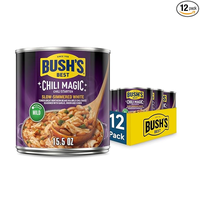 BUSH'S BEST 15.8 oz Canned Slow-Simmered White Chili Magic Starter, Source of Plant Based Protein and Fiber, Low Fat, Gluten Free, (Pack of 12)