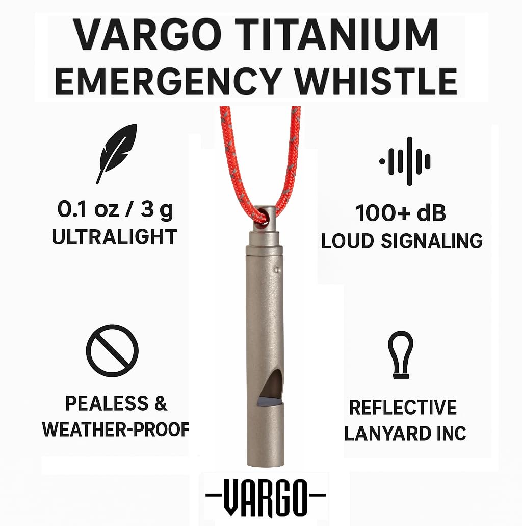 Vargo Titanium Emergency Whistle – Ultralight 100+ dB Pealess Safety Whistle with Reflective Neck