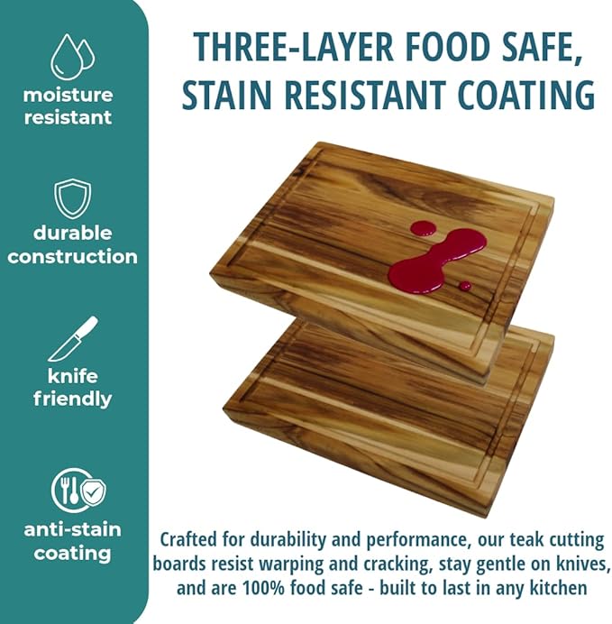 EcoDecors, Teak Cutting Board 14"x10", Reversible Teak Wood Edge Grain Carving Board with Juice Groove, FSC Certified Compact Wooden Cutting Board for Kitchen, Meal Prep & Serving