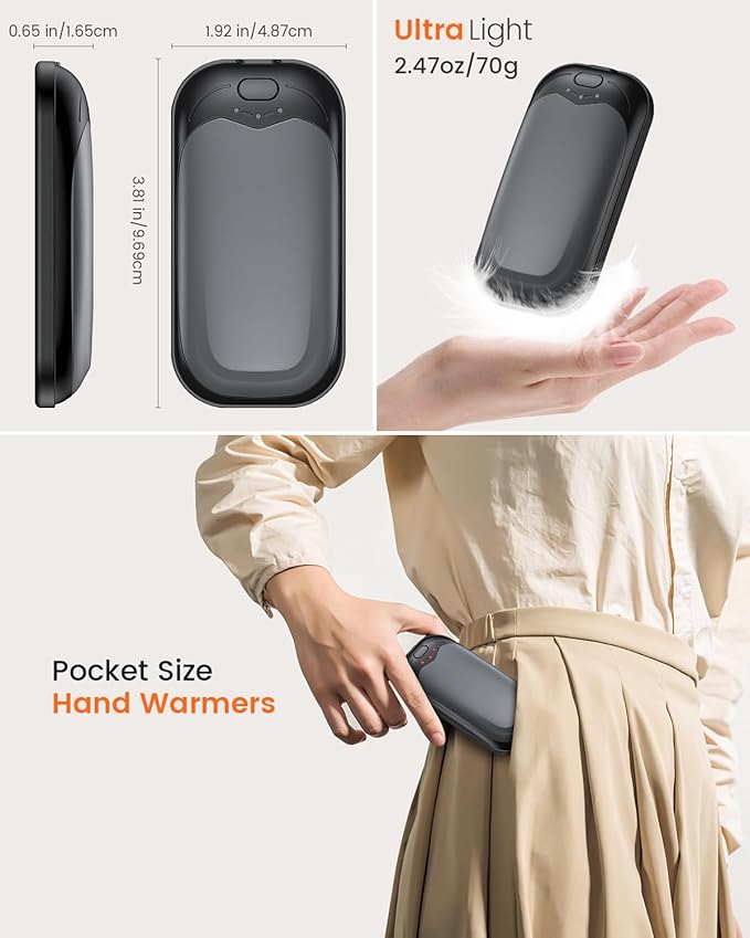 gabless Hand Warmers Rechargeable 2 Pack, Electric Hand Warmer Portable Handwarmers Pocket-Sized Hand Heater with 3 Levels Heat, Fast Heating Pocket Warmer Great Gift for Men & Women, Office, Travel