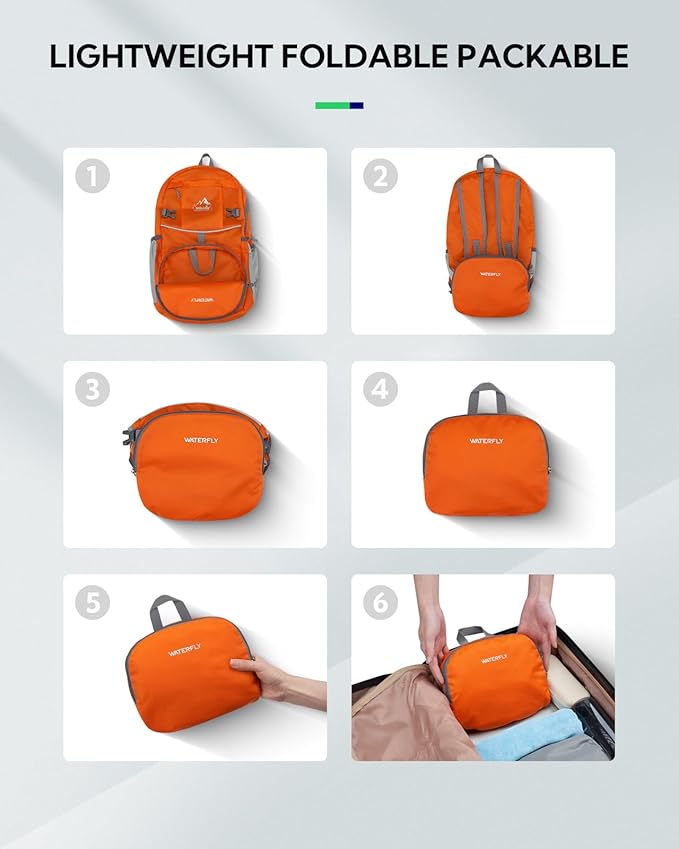 WATERFLY Hiking Foldable Daypack Backpack: 25L Ultra Lightweight Waterproof Day Pack for Woman Man - Small Compact Packable Folding Back Pack for Outdoor Sport Cycling Biking Travel Trip - Orange