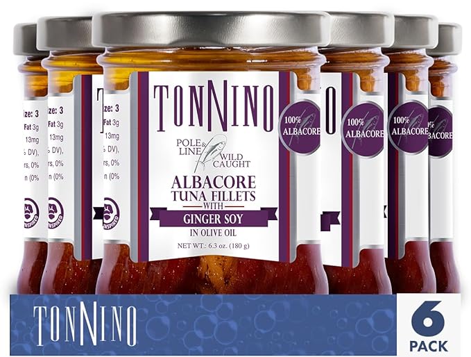 Tonnino Tuna Fish Albacore - Olive oil with Ginger soy ??Pack of 6 ??Alternative to Salmon ??Protein Snacks ??Ready to Eat Meals
