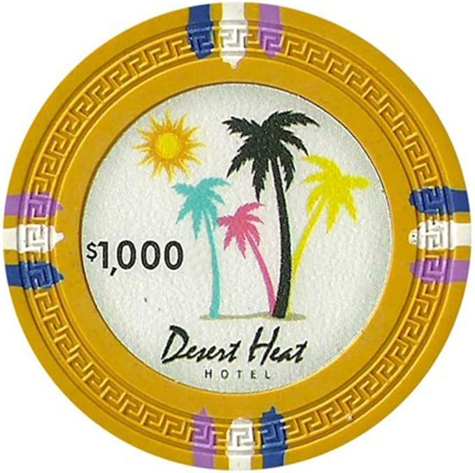 13.5-gram Desert Heat Premium Poker Chips (50-Pack) Heavy Clay Composite Set - Bulk Casino Chips with Denominations for Texas Holdem, Blackjack - Betting Game Accessories ($1,000 Yellow)