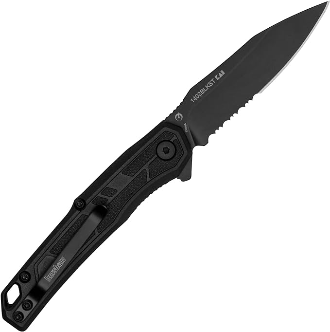 Kershaw Appa Folding Serrated Tactical Pocket Knife, Assisted Opening, 2.75 inch Serrated Black Blade and Handle, Small, Lightweight Every Day Carry