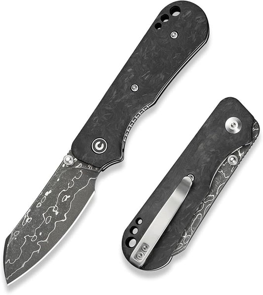 CIVIVI Crabby Pocket Knife, EDC Folding Knife for Men Women with Damascus Blade Contoured Shredded Carbon Fiber Handle, Designed by Ken Onion Jr. C24055-DS1