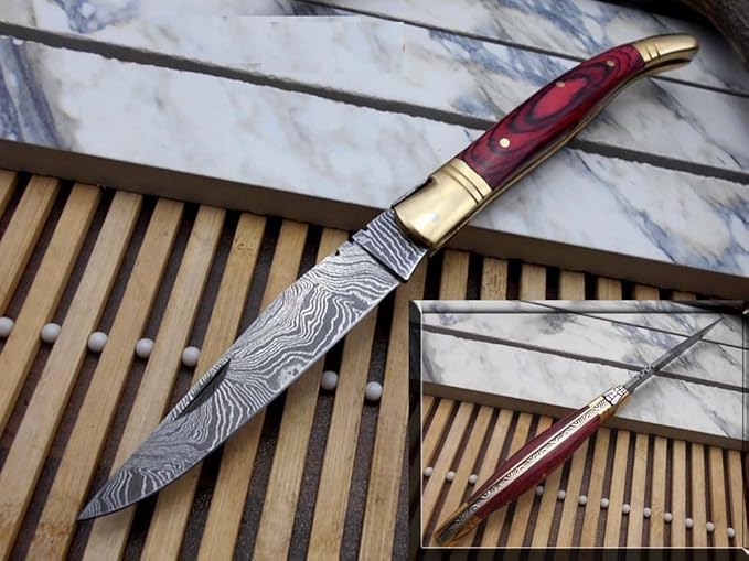 Damascus Depot Laguiole style Folding knife with real Damascus steel blade, 8.5" Long with 4" hand forged twist patren Blade. wood, Camel Bone and Bull horn scale with brass bolster. Cow hide leather sheath included