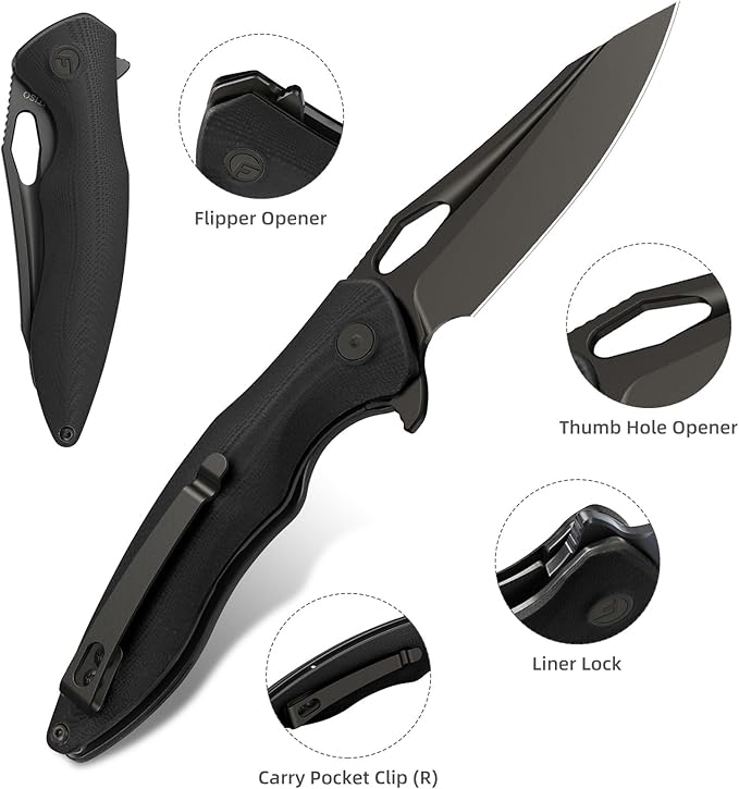 FINTISO Apollo Pocket Knife, 3.3" 14C28N Blade G10 Handle Folding Knife with Liner Lock, Small EDC Knife with Pocket Clip for Camping, Survival, Hunting, Unique Gift for Men Women