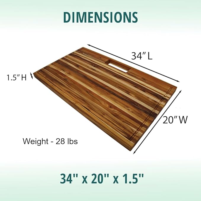EcoDecors, Teak Edge Grain Cutting Board 34"x20", Extra Large Solid FSC Teakwood Butcher Block with Juice Groove, Handles & Waste Slot, Best Wooden Cutting Board for Kitchen Stove-Top Prep