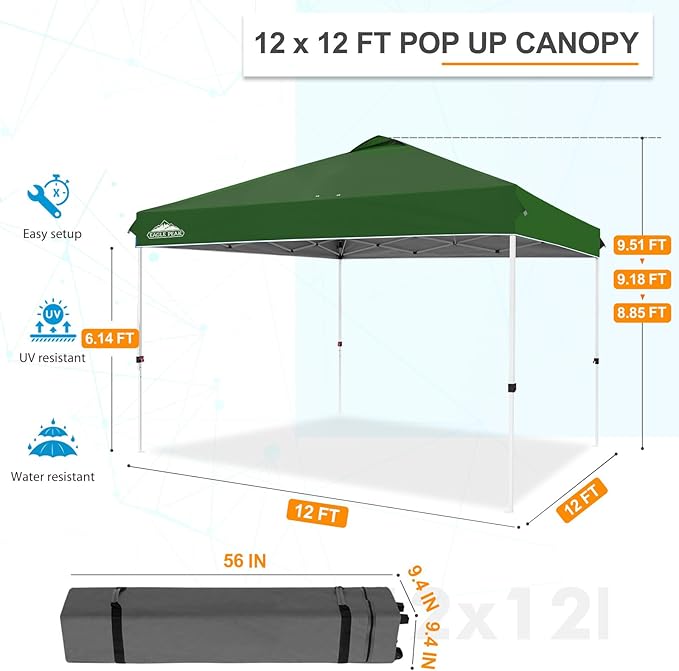 EAGLE PEAK Pop Up Canopy Tent with Wheeled Carry Bag, 8 Stakes, 4 Ropes, 4 Weight Bags, Easy Set Up Tent Canopy, 12x12 ft, 144sqft of Shade, Green
