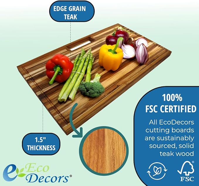 EcoDecors, Teak Edge Grain Cutting Board 34"x20", Extra Large Solid FSC Teakwood Butcher Block with Juice Groove, Handles & Waste Slot, Best Wooden Cutting Board for Kitchen Stove-Top Prep