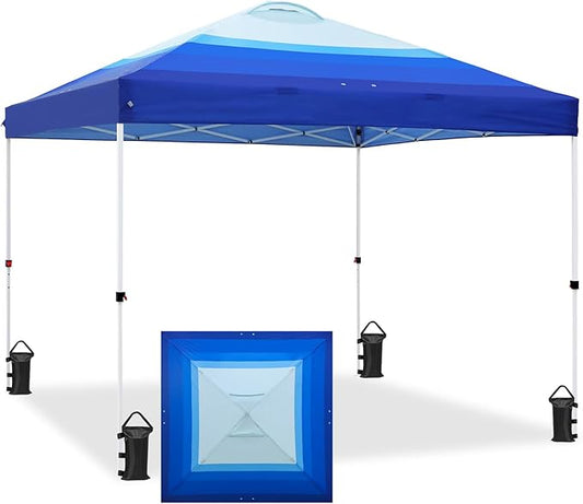 EAGLE PEAK Pop Up Canopy Tent with Wheeled Carry Bag, 8 Stakes, 4 Ropes, 4 Weight Bags, Easy Set Up Tent Canopy, 10x10 ft, 100sqft of Shade, Blue Fade Stripe
