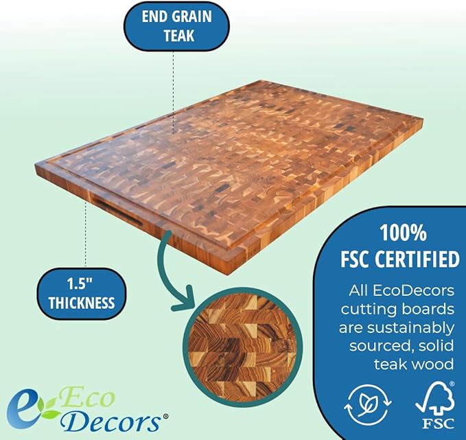 EcoDecors FSC Certified Solid Teak Cutting Board 40x28, XL Reversible End Grain Butcher Block for Kitchen, BBQ & Carving, Heavy Duty Wood Board