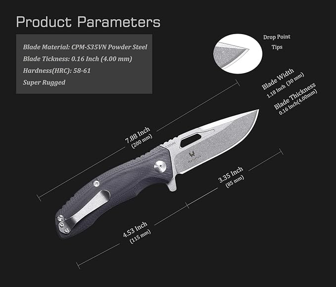 Tactical Folding Knife - CPM S35VN Steel, G10 Handle - Plump Linear Blade Design - Great for Outdoor Survival Camping Hunting, Ideal Gifts for Men. Eagleye Series