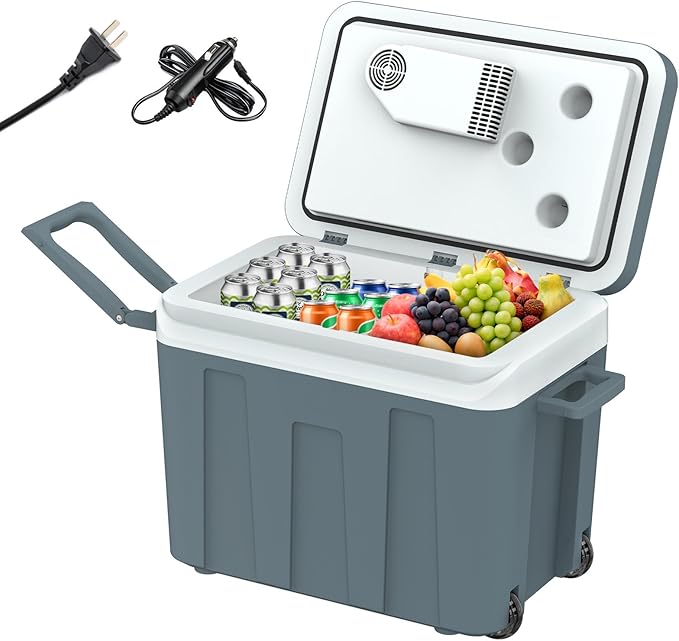 advwin 12V Electric Car Cooler & Warmer with Wheels & Handle, 48 Quart (45 L) 12 Volt DC & 110V AC Portable Thermoelectric Fridge Plug in for Car/RV/Camping/Travelling (45L Cooler & Warmer)