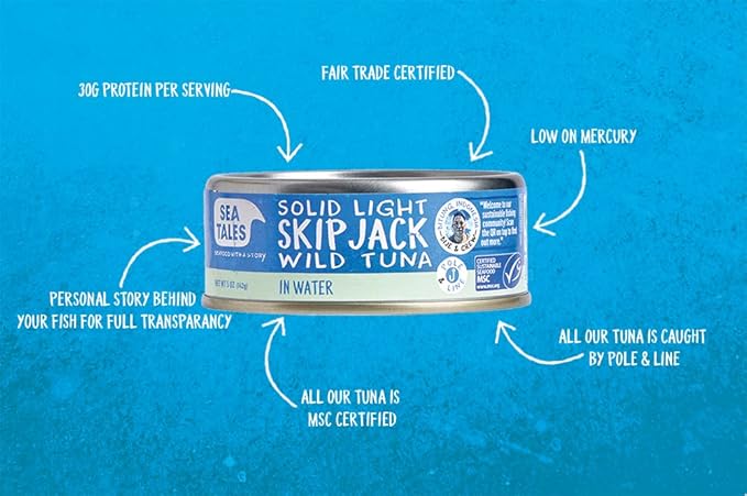 Sea Tales Solid Light Skipjack Canned Tuna in Water - 100% Pole & Line Wild Sustainably Caught - Fair Trade Certified - High Protein Food - Keto Friendly - 5 oz. Cans (Pack of 12)