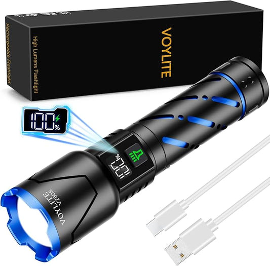 Rechargeable Flashlights High Lumens - 10000 LM, 5000mAh Battery with LCD Display, 3 Modes, Zoomable & IP67 Waterproof - for Camping, Dog Walking, Emergencies