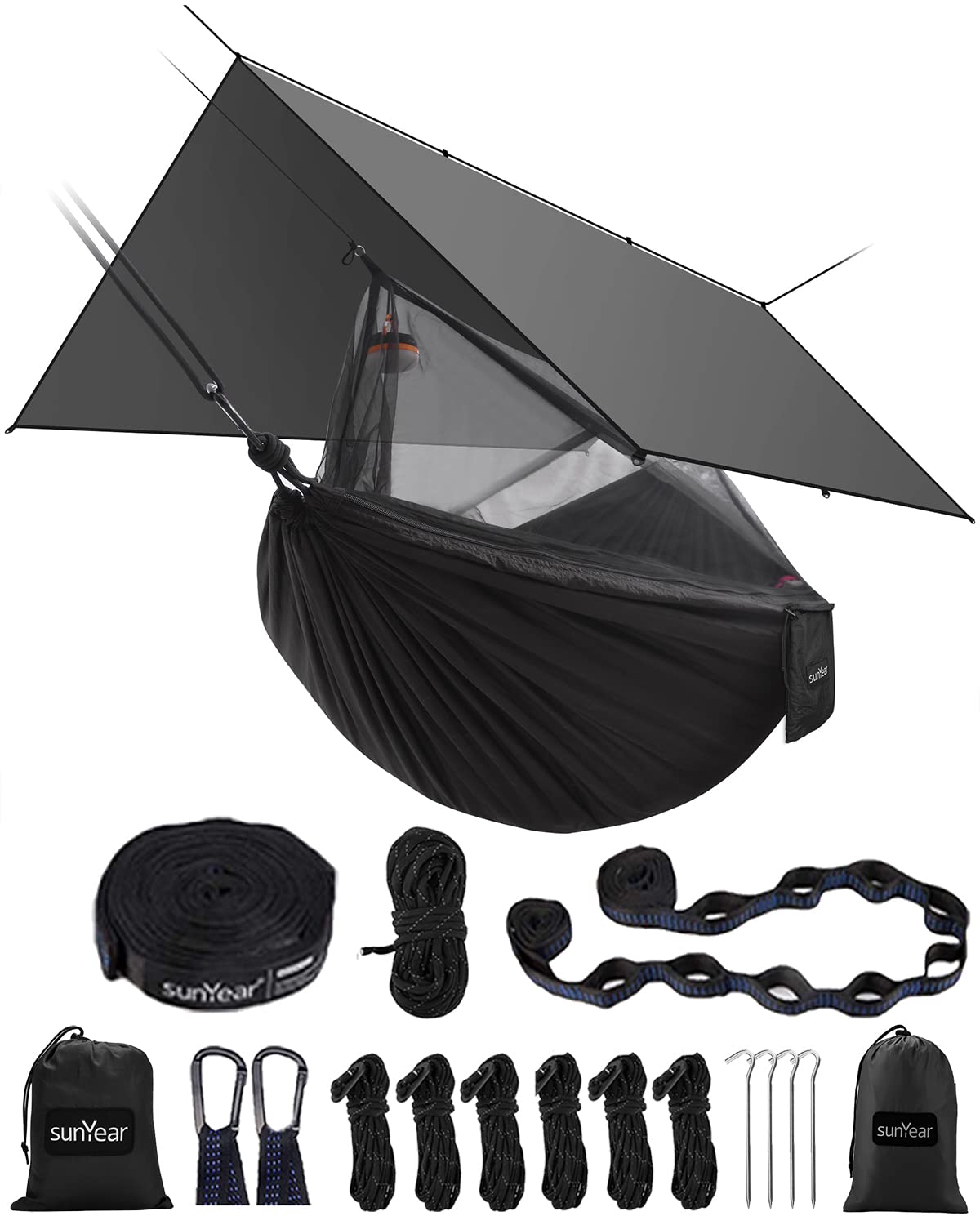 Sunyear Hammock Camping with Rain Fly Tarp and Net, Portable Camping Hammock Double Tree Hammock