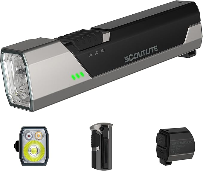 SCOUTLITE Vario MAX 3000 Handheld Flashlight, Rechargeable LED Pocket Light with White, Red and Amber Lights, Waterproof IPX6 Tactical Flat for Camping, Outdoor & Emergency Working