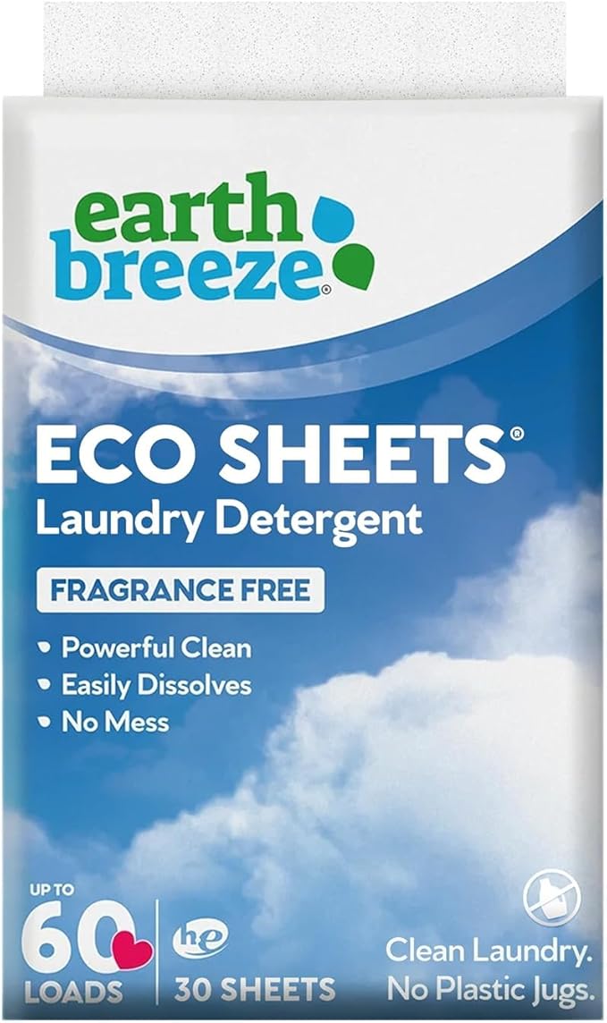 Earth Breeze Laundry Detergent Sheets Fragrance-Free - 60 Loads Eco Liquidless Soap - Travel-Friendly for Hot & Cold Cycles, Tackles Tough Stains & Odors - Gentle on Sensitive Skin, 30 Ct