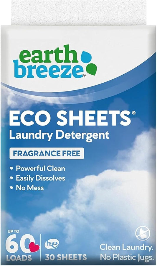 Earth Breeze Laundry Detergent Sheets Fragrance-Free - 60 Loads Eco Liquidless Soap - Travel-Friendly for Hot & Cold Cycles, Tackles Tough Stains & Odors - Gentle on Sensitive Skin, 30 Ct