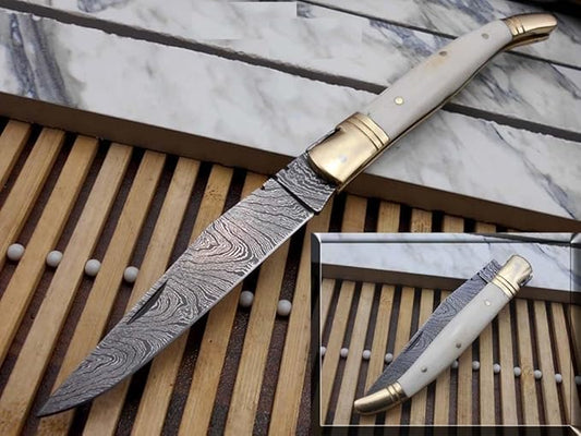 Laguiole Folding Damascus Steel Knife, 8.6" Long with 4.1" Hand Forged Custom Twist patren Blade. Wine 2 Tone Dollar Wood & Brass Bolster Scale. Cow Hide Leather Sheath Included (White)