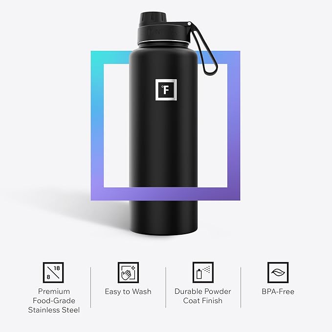 IRON °FLASK Camping & Hiking Hydration Flask with 3 Lids - Stainless Steel, Double Walled & Vacuum Insulated Water Bottle - Leak Proof & BPA Free (Midnight Black, Spout - 40 oz)