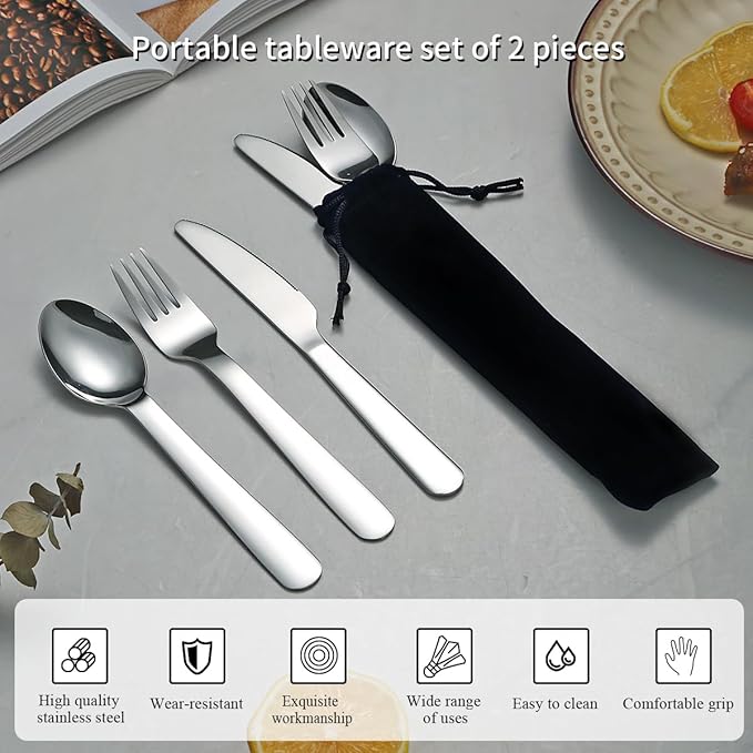 Evanda Portable Silverware Set Set of 2 Packs, Include Knife Fork Spoon, Camping Cutlery Set With Black Bag, For Home Kitchen Camping Travel, Dishwasher Safe