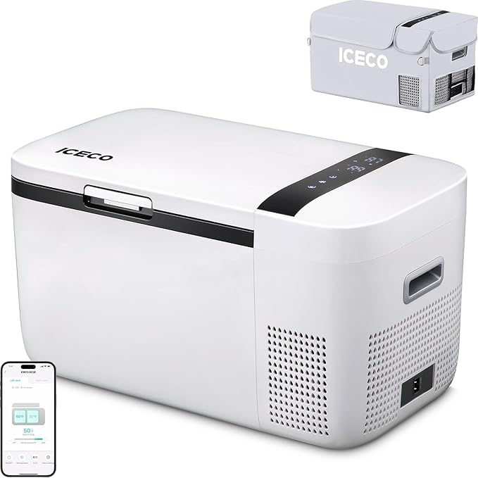 ICECO GO20 21Qt/20L Portable Refrigerator, 12Volt Refrigerator Powered by SECOP, 0℉-50℉, Bluetooth Connection, 12/24VDC&110-240VAC, 12v Fridge Freezer for Car, Camping, Travel |+ Insinuation Bag