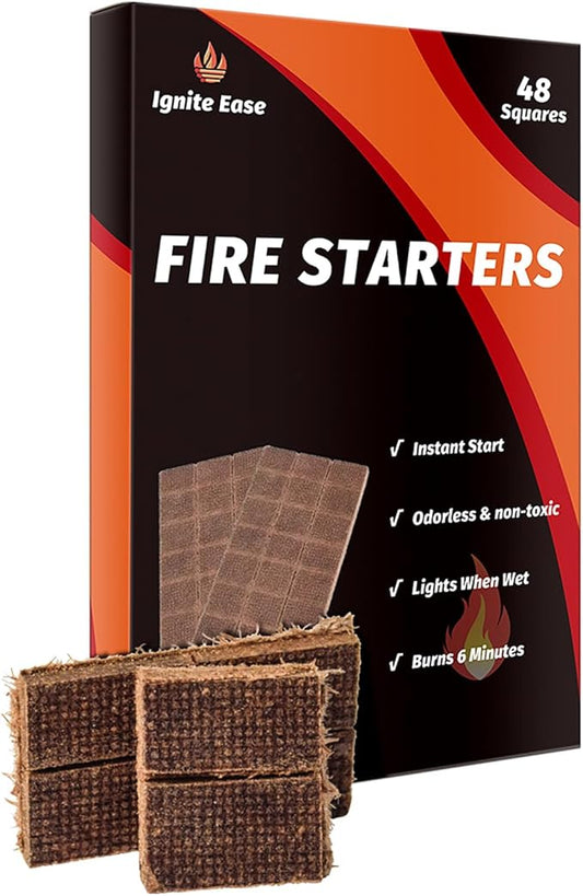 48-Pack Fire Starter Squares - Waterproof Cubes for Charcoal Grill, Camping & Survival | Odorless, Eco-Friendly Firelighters for Fire Pit, BBQ, Wood Stove