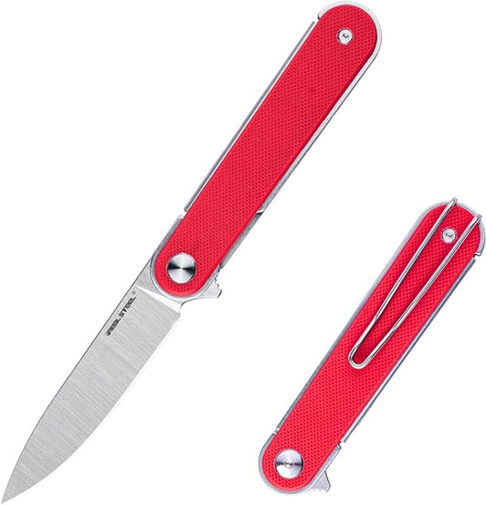 REALSTEEL IRIS Pocket Knife, Folding Knife, Flipper, Liner Lock, 2.99" 12C27 Steel Blade, Lightweight G10 Handle, 1.74oz, Deep-carry Pocket Clip, EDC Outdoor Indoor, Gifts for Men Women Camping Hiking Climbing Fishing (Red G10)