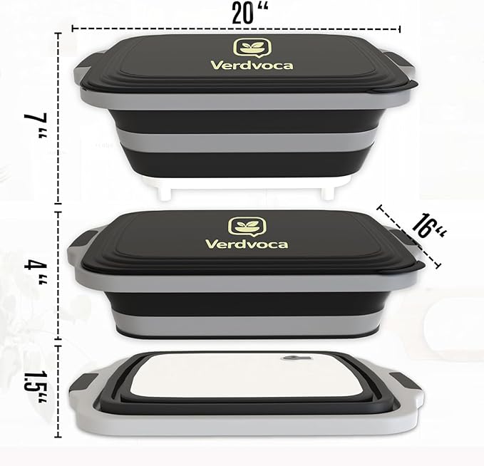 Collapsible BBQ Prep Tubs with Lids, Grill Cutting Board, Camping Sink with Drainage Hole for Meal Prep, Fruit Wash and Food Storage, Marinating Container, 16L Black Tub 20"
