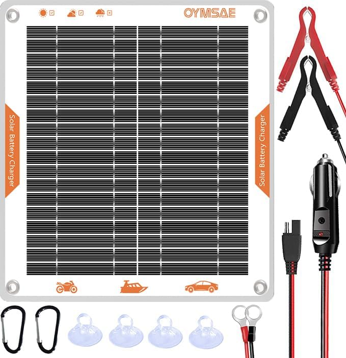 OYMSAE White 5W 12V Solar Car Battery Charger Portable Waterproof Solar Power Battery Charger & maintainer with Trickle Cigarette Lighter Plug & Alligator Clip