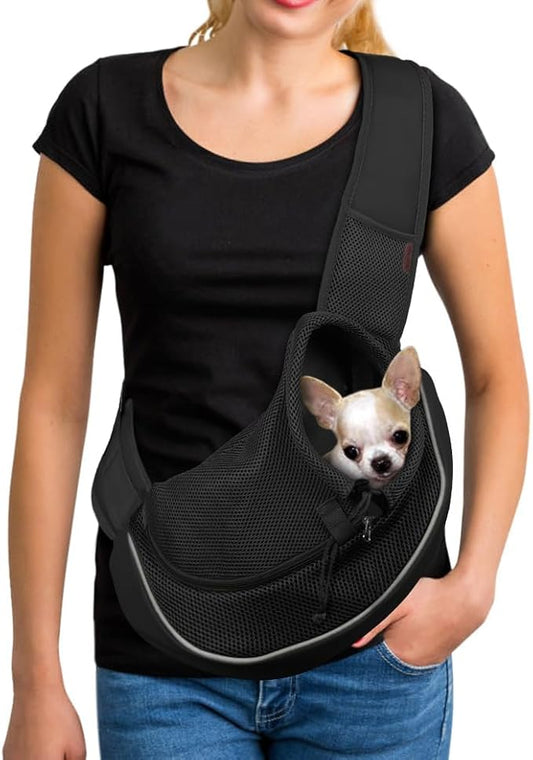 YUDODO Pet Sling Carrier for Small Dogs & Cats – Hands-Free Puppy Carrier with Safety Hook, Large Zipper Pocket, Soft Breathable Mesh, Adjustable Strap & Reflective Strip (L, Black 2.0)
