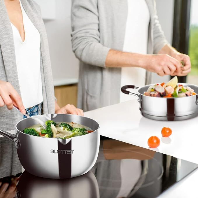Tri-Ply Whole-Clad Stainless Steel Saucepan with Steamer,2.5 Qt Small Multipurpose Pot with Pour Spout,Strainer Glass Lid, 2 Quart Sauce Pan for Cooking with Stay-cool Handle.