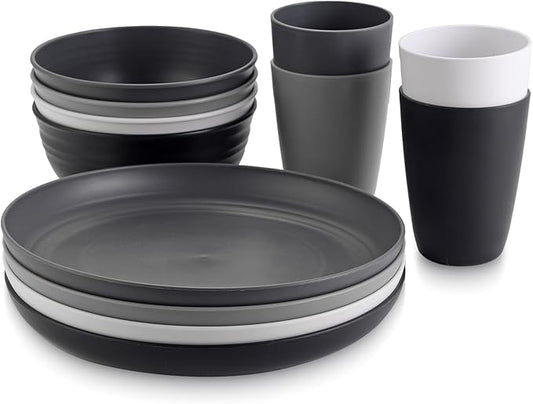 Plastic Camping Plates and Bowls Set, 12pcs Unbreakable Camping Dinner Set for 4, Reusable, Microwave & Dishwasher Safe Dinner Set, for Kitchen Outdoor Travel Picnic