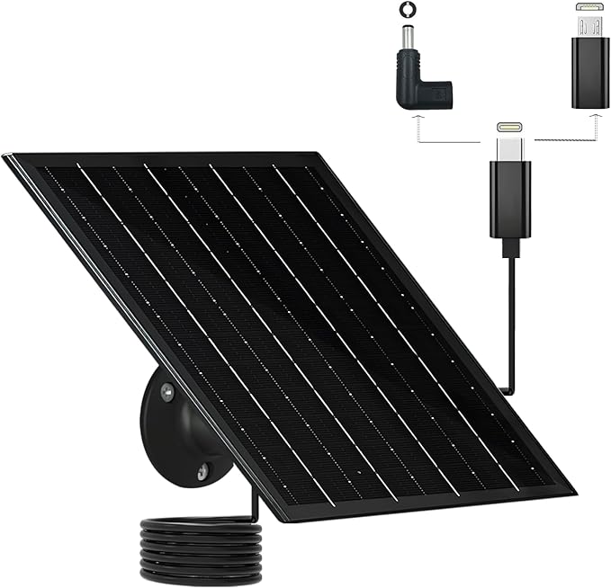 Solar Panel for Security Camera IP65 Waterproof USB 5V 6W Solar Panel Charger Type-C Port?�Micro USB Port＆DC Port Solar Sanels for Cameras with 9.8ft Charging Cable Charging Power(1 Pack Black)