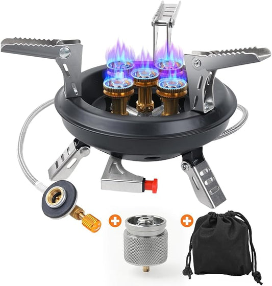 Portable Camping Stove with Propane Adapter - GEEKHOM 16000W Windproof Gas Stove Foldable Backpacking Stove, Piezo Ignition & Stable Pot Support for Outdoor Cooking Hiking