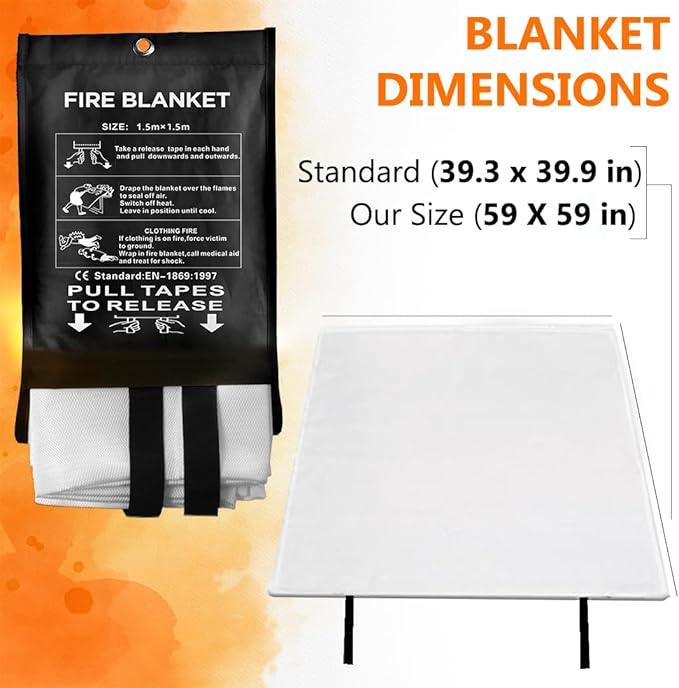 SAFECASTLE Emergency Fire Blanket 59"x59" Large Size, 2 Pack Fire Retardant Blanket with Fireproof Tabs for Home, Warehouse, Outdoor, Office, Car and Camping Fire Protection Survival Safety