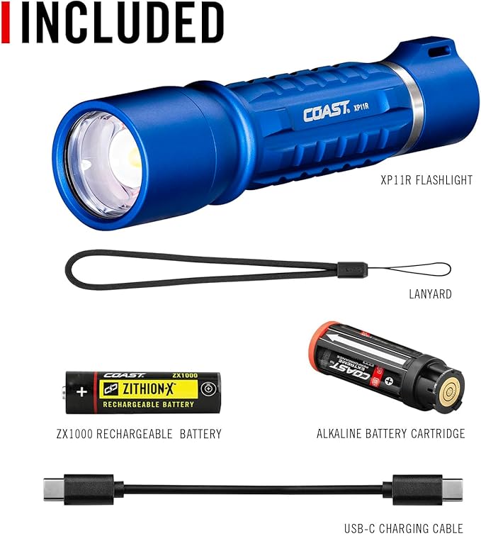 Coast XP11R 2600 Lumen USB-C Rechargeable LED Flashlight with Slide Focus®?¯and Pure Beam® Focusing Optic, 4 Light Modes, Blue